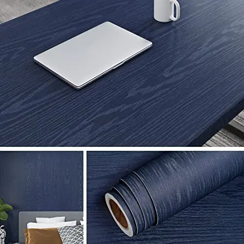 Livelynine navy blue wood grain peel and stick contact paper roll