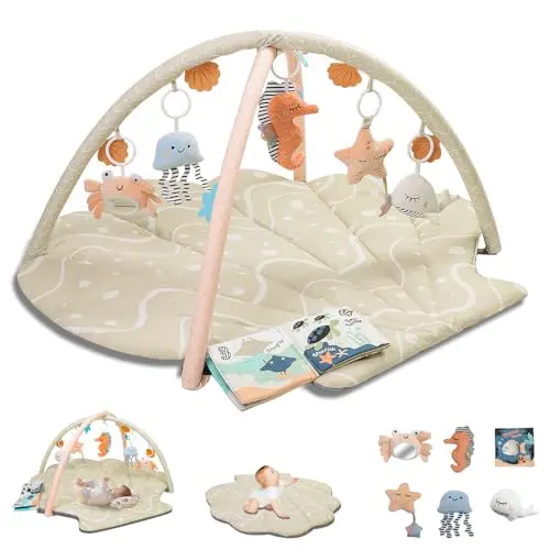 Oversize Shell Shaped Baby Play Mat in Beige with Marine Animal Toys