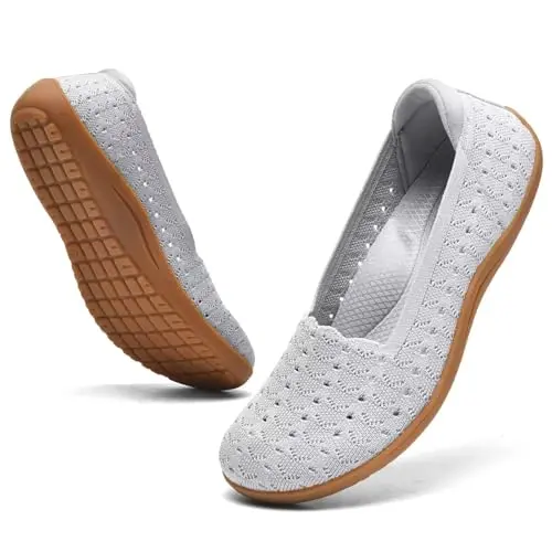 DEXJEWU Women's Wide Toe Box Knit Ballet Flats in Light Gray