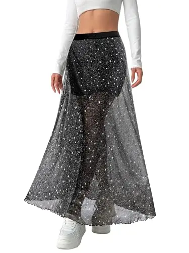 Ezcosplay Women Sheer Mesh Glitter Maxi Skirt in black