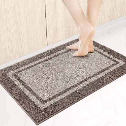 Beige and gray geometric pattern kitchen runner rug with non-slip backing