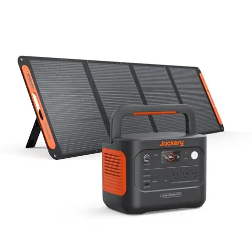 Jackery Explorer 1000 v2 power station with solar panel in orange