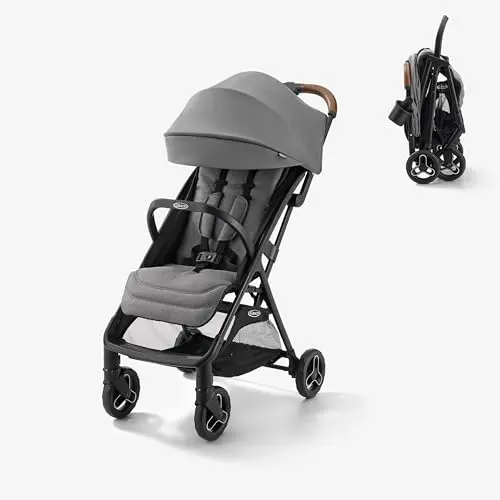 Graco Ready2Jet Compact Stroller folded and standing upright in a travel setting