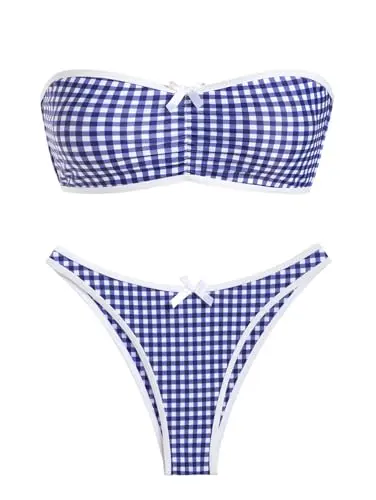 Zaful women's strapless bikini with gingham bow decor in blue