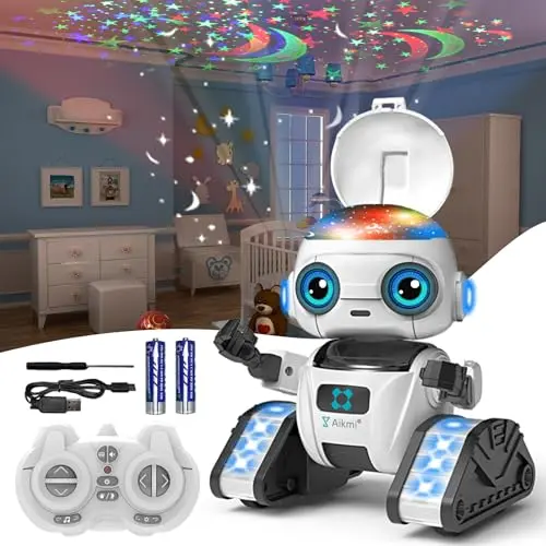 White robot toy with projector night light on a table