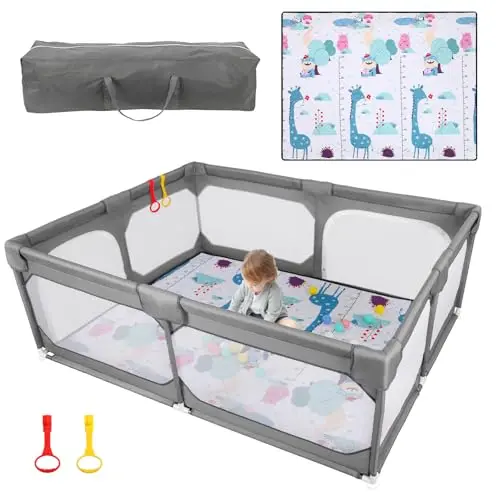 JINXIA grey baby playpen with foldable mat inside
