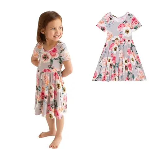 Posh Peanut Toddler Twirl Dress in French Gray, showing a twirling skirt
