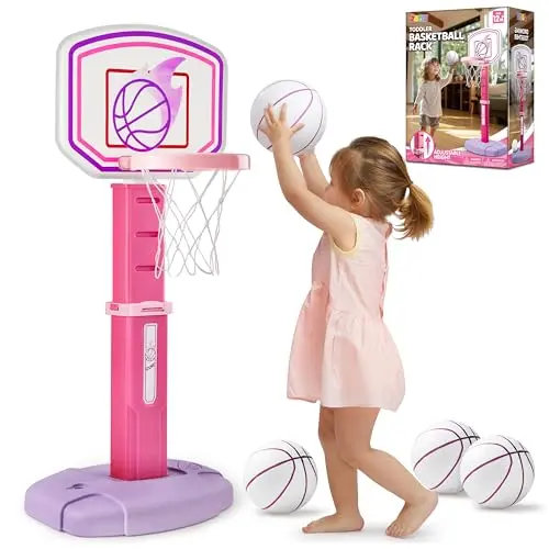 JOYIN Toddler Basketball Hoop in pink and purple, adjustable from 2.5 to 3.5 feet