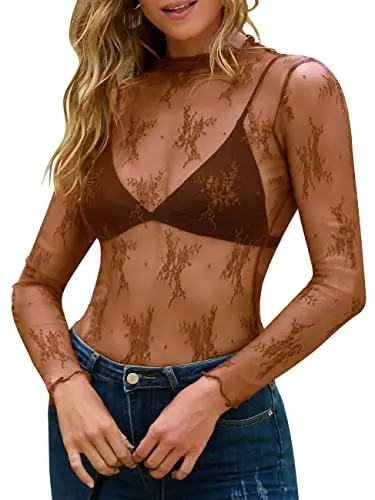 Merokeety Women's Mesh Sheer Lace Long Sleeve Top in brown with mock neck and jacquard patterns