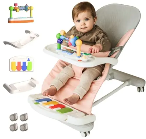 CuddoBaby 4-in-1 baby bouncer on wheels with detachable play tray, in pink