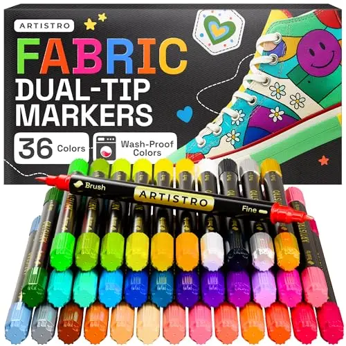 ARTISTRO 36 Dual-Tip Fabric Markers set with brush and fine tips for decorating clothes and textiles
