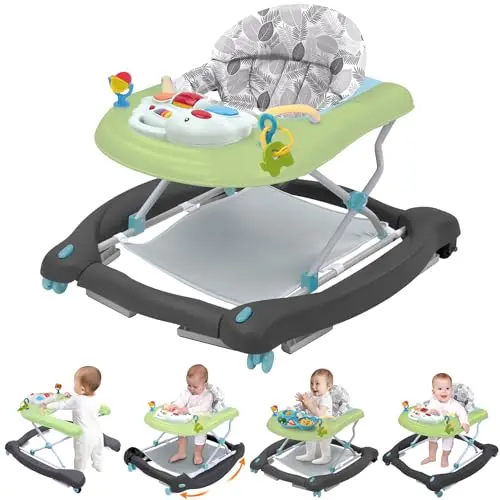 Pawtong 5-in-1 baby walker in green, demonstrating its various conversion modes.