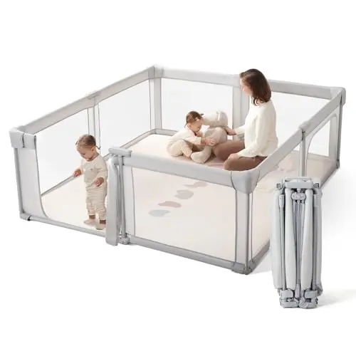 Cosola light grey pre-assembled foldable playpen shown folded and unfolded