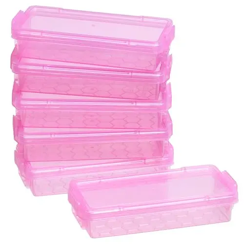 Bienvoun 6-pack of clear pink plastic pencil boxes with locking lids, shown stacked