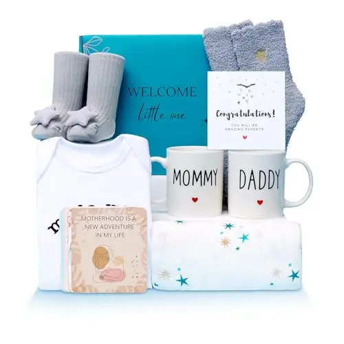 Blue-themed new mom gift box with mugs, swaddle blanket, onesie, and affirmation cards