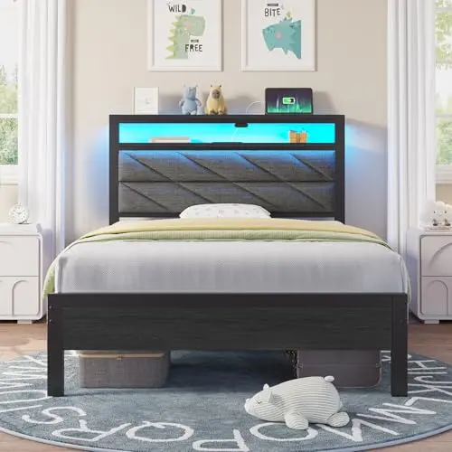 Seventable grey upholstered twin platform bed with LED strip and charging station