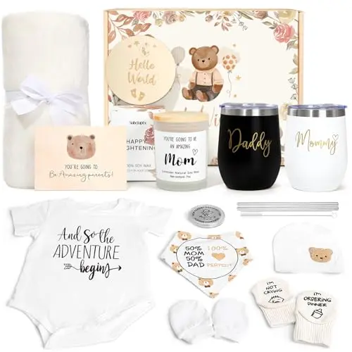 Luxury New Mom Gift Basket with stainless steel tumblers, baby blanket, and scented candle
