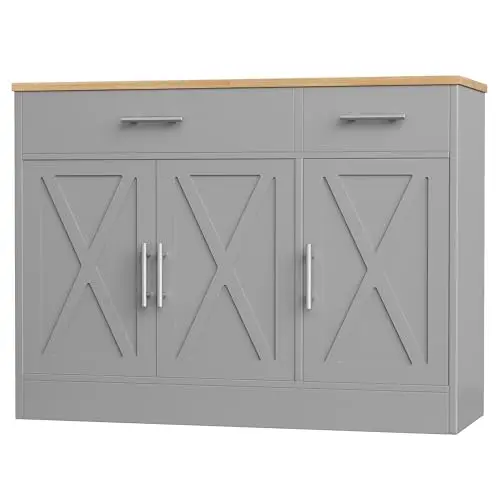 SHINTENCHI modern farmhouse grey sideboard buffet cabinet with three doors and two drawers