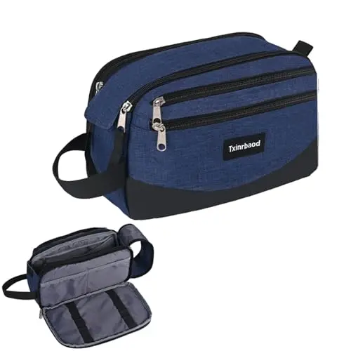 Navy blue waterproof toiletry bag with internal cushion protection and multiple pockets