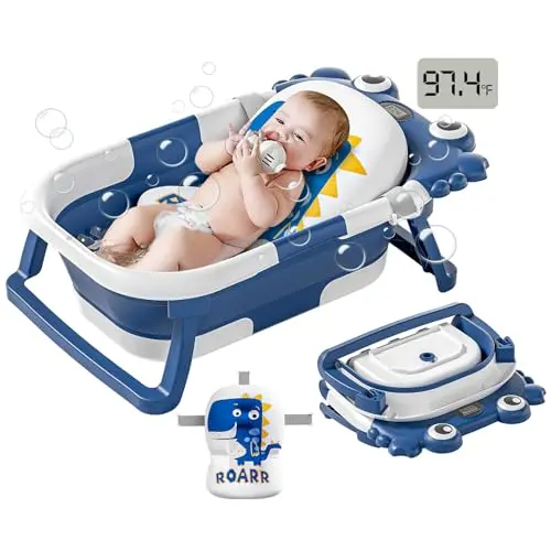WyfKyd dark blue collapsible baby bathtub with a real-time temperature sensor and a removable sling.