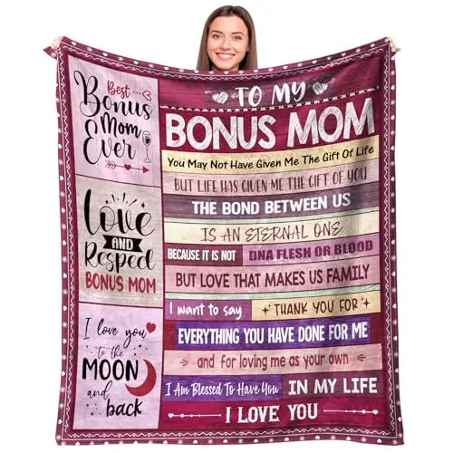 A soft, light grey throw blanket with the text 'To My Bonus Mom' printed in modern script.