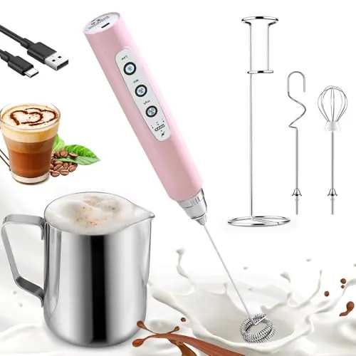 Nahida Milk Frother Set in pink with stand and stainless steel pitcher