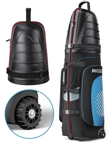 Mojest black, red, and blue golf travel bag with a hard top and off-road wheels
