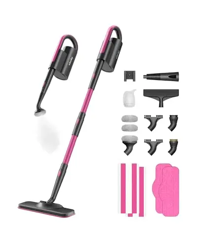Schenley magenta and gray steam mop with detached handheld unit cleaning a wall