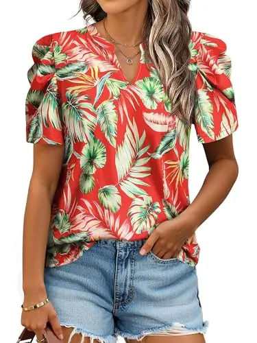 Ezcosplay Hawaiian shirt with notched v-neck and puff sleeves in red floral print