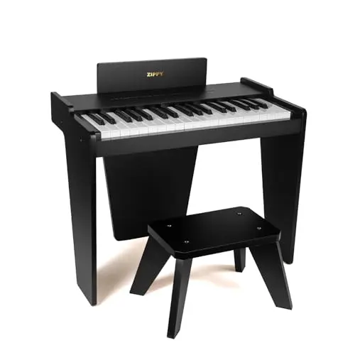 ZIPPY black digital piano for kids with 37 keys on a wooden stand and matching stool