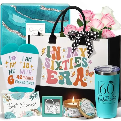 MAYICIVO 60th birthday gift set with canvas tote bag, tumbler, and candle