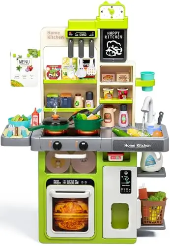 Plastic kids play kitchen set with electronic stovetop and sink