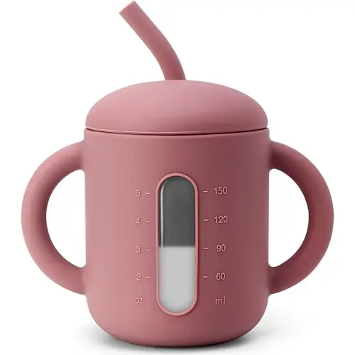 SAMiGO rose pink silicone sippy cup with clear window