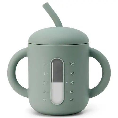 SAMiGO silicone sippy cup with straw and clear measurement window in forest green