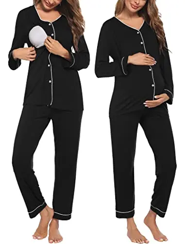 Ekouaer button-down long sleeve nursing pajama set in black, made from a soft, stretchy blend.
