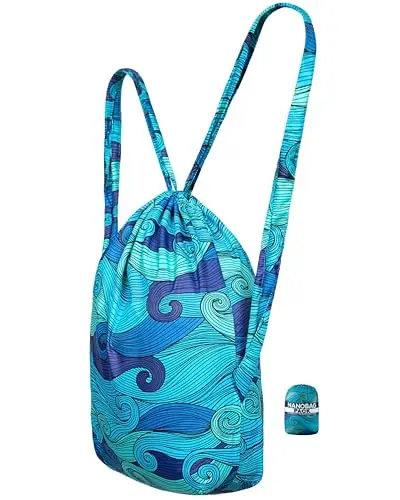 Nanobag Backpack unfolded, showing its drawstring closure and lightweight design