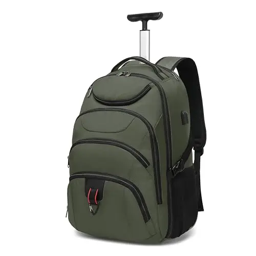 Boavan green rolling backpack with orange accents