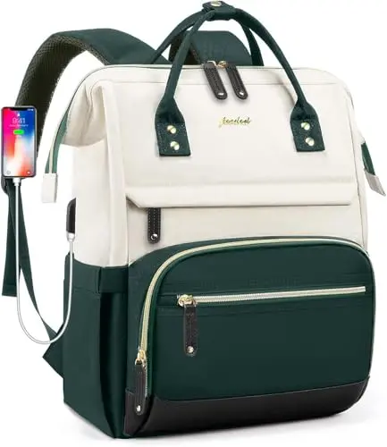 Beige and dark green laptop backpack for women with side pocket