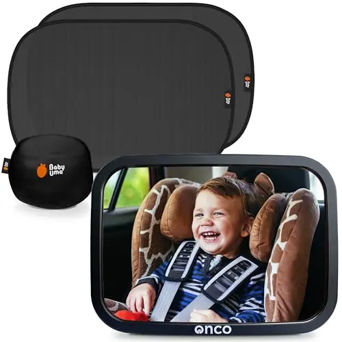 Onco baby car mirror and UV window shades bundle installed on a car headrest