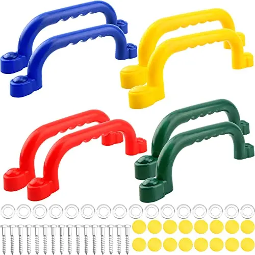 Set of eight colorful plastic handles in green, blue, yellow, and red