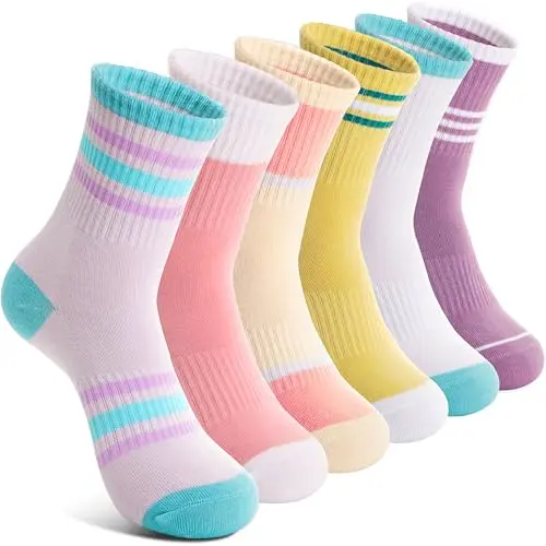 Welwoos kids girls athletic crew socks with light stripes