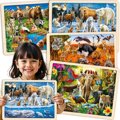 Quokka set of 4 wooden jigsaw puzzles with realistic animal themes from polar, tropical, Yellowstone, and Australian regions