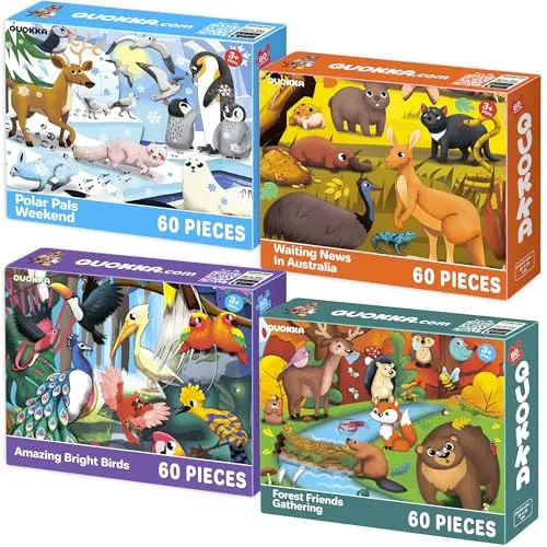 Quokka 4-pack of 60-piece jigsaw puzzles with bird, polar, Australian, and forest animal themes