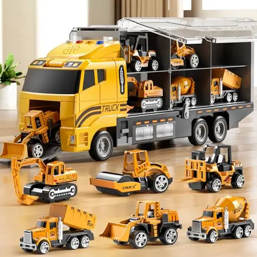 NIPLOOOW construction vehicle toy set with large carrier truck and play mat