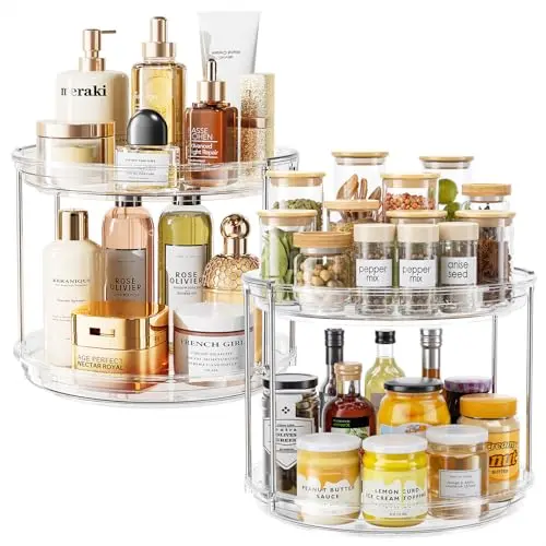 LAMU 2-tier clear acrylic lazy susan organizer spinning on a countertop
