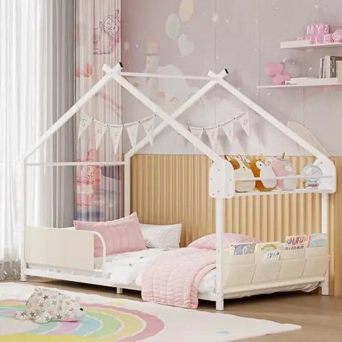 Timy white metal house-shaped floor bed with storage rack and caddy