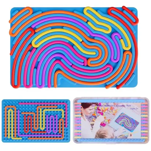Colorful silicone sensory activity board with push, pull, and buckle features