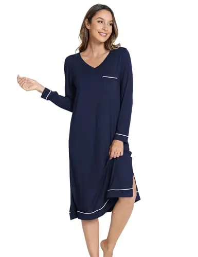 GYS long sleeve V-neck nightgown in navy with decorative pocket