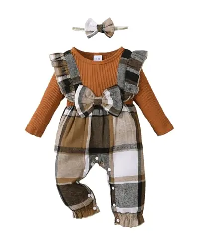 Saeaby baby girl brown plaid long sleeve jumpsuit romper