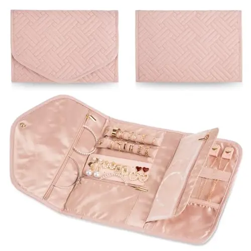 Amrules pink foldable travel jewelry roll bag with compartments